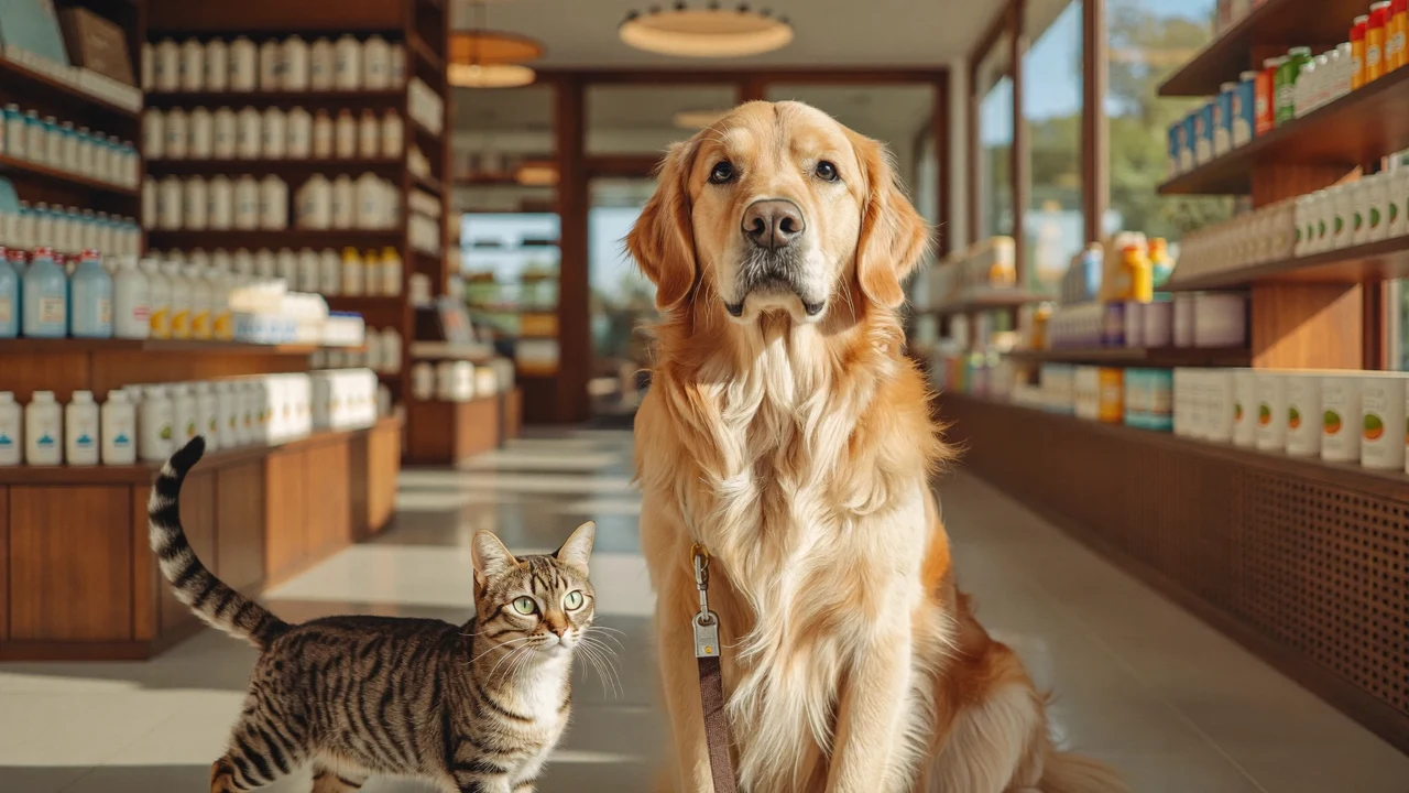 Interior luminos de magazin pentru animale, cu rafturi din lemn și doi blănoși