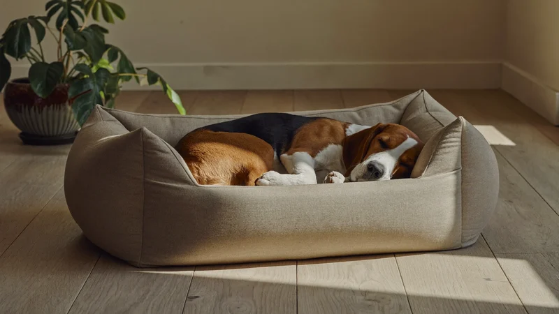 Pat rotund din in, cu un beagle adormit lângă o plantă verde
